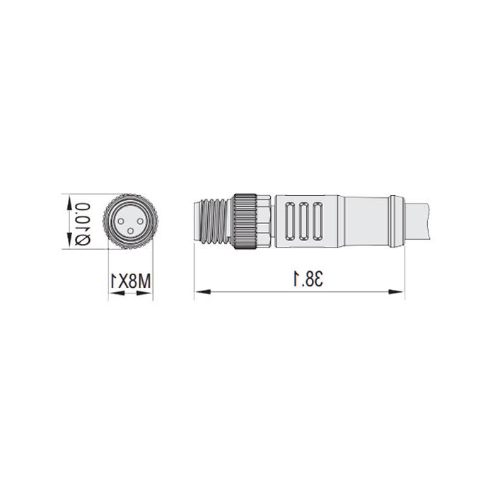 M8 3Pin、公头直型、耐高温120℃、单端预铸PUR柔性电缆、黑色护套、63H021-XXX